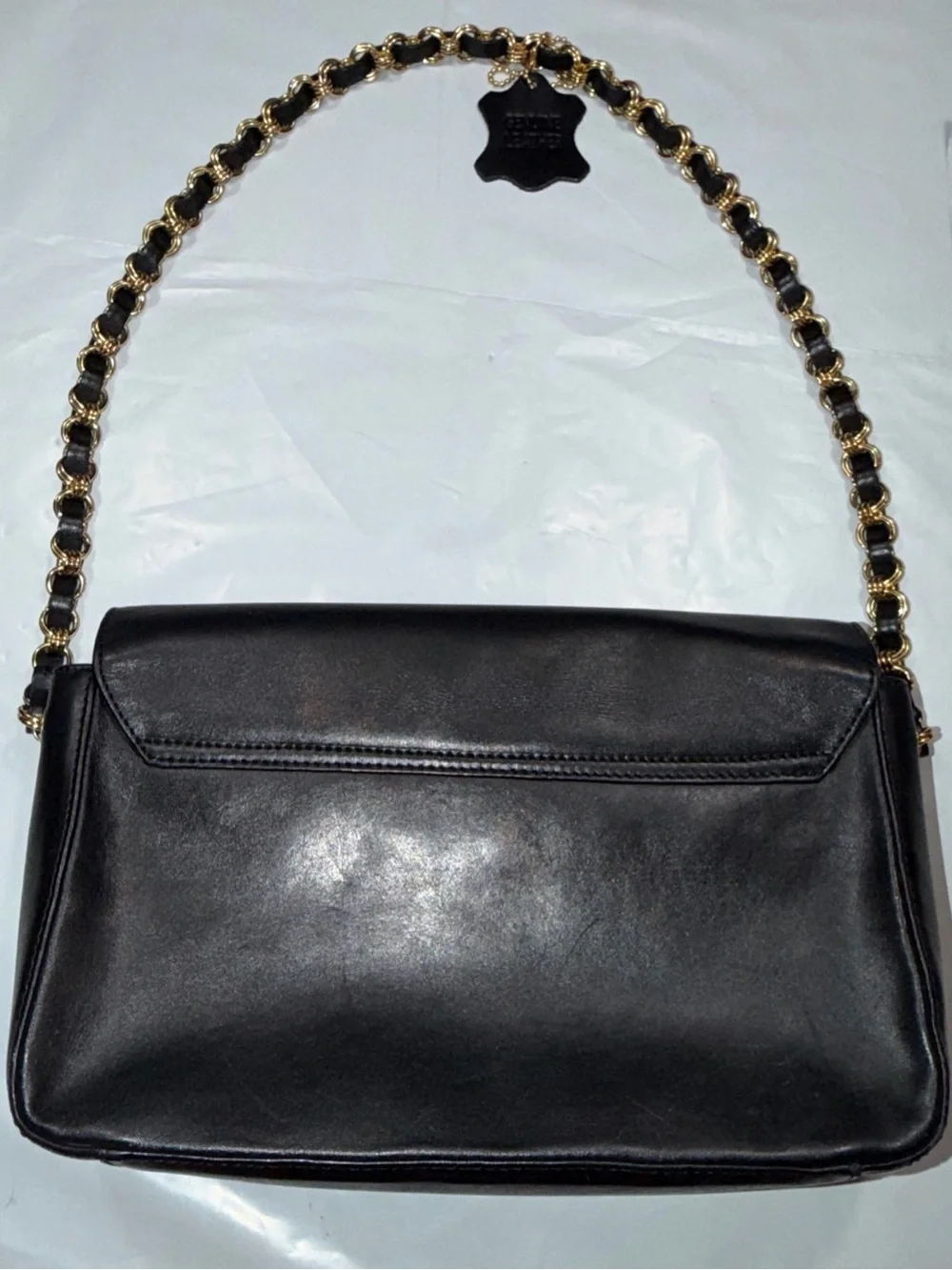 Bloomingdale’s Black Leather Bag Gold Buckle Chain Shoulder Strap Purse Vintage